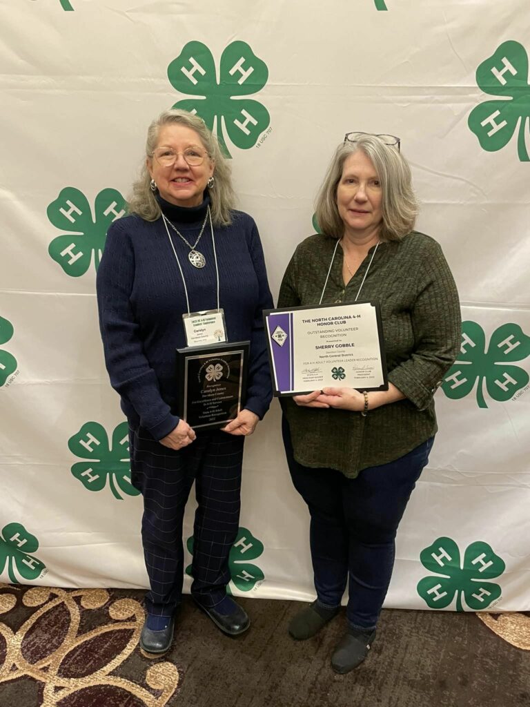 Two women stand in front of a 4-H background holding a plaque and certificate.